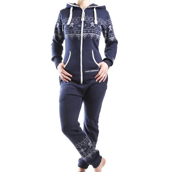 Unichill Nordic Navy Fair Isle Sweatshirt One Piece Jumpsuit Onesie Unisex Sz S - Picture 1 of 14